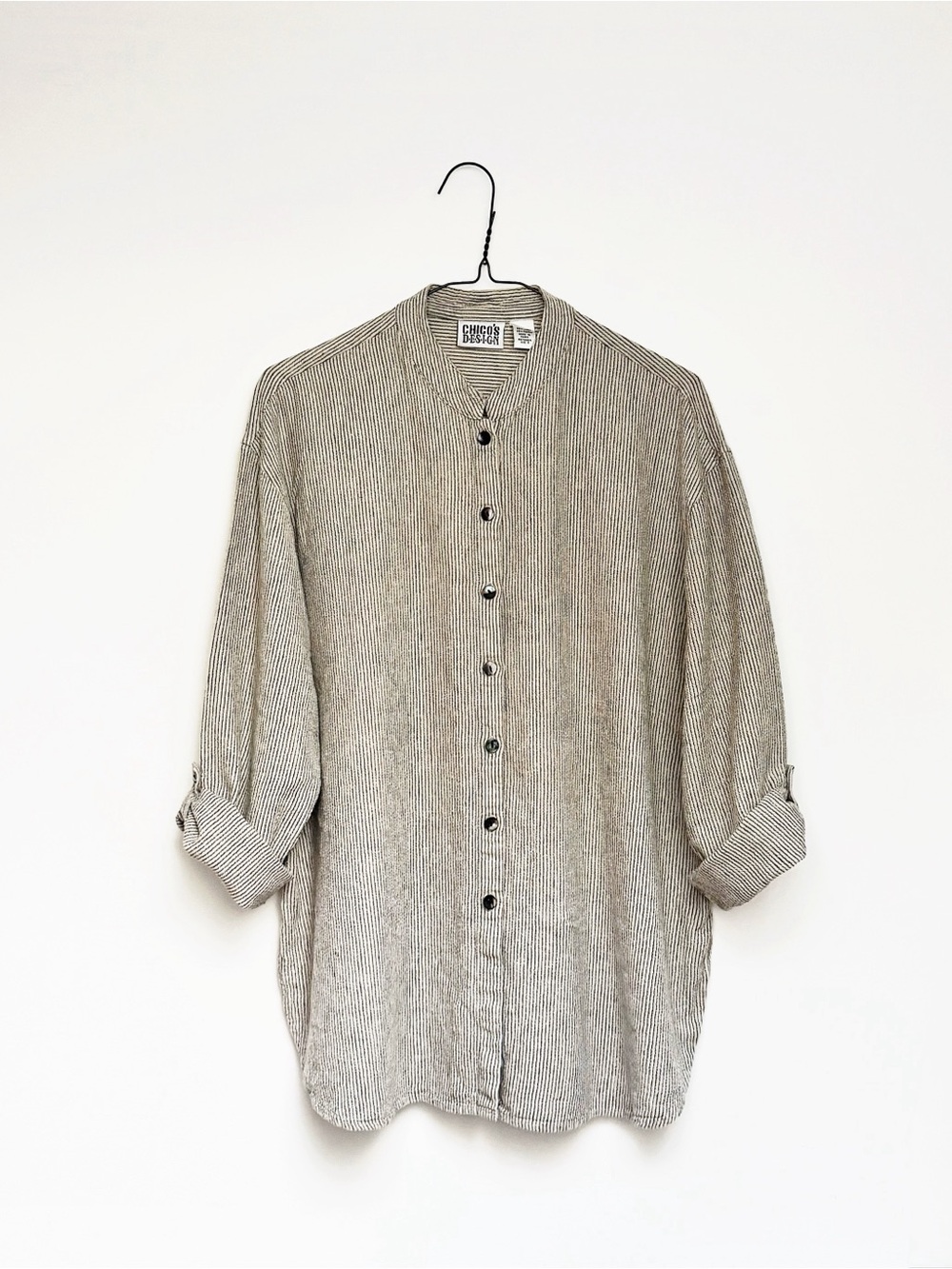 90s button down work shirt • vintage putty beige stripe linen blouse • small